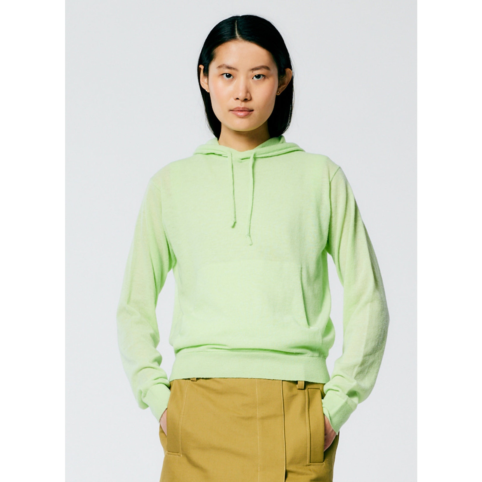 Tibi Skinlike Mercerized Wool Shrunken Hoodie Sweater Womens Xs Pale Lime Green